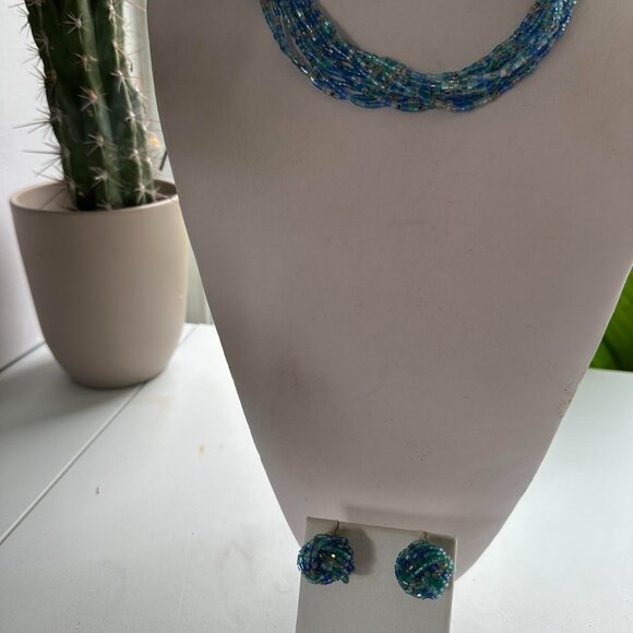 Vintage Beaded Necklace & Earring Set – Ocean Tones Glass Beads - Picture 2 of 6